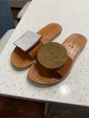 Leather Slide Sandals with White and Gold Accents